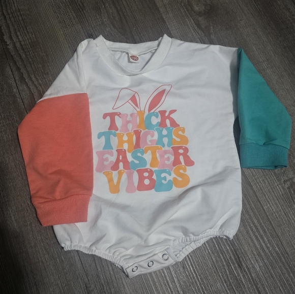 Easter onsie "thick thighs Easter vibes" white with orange and green sleeves - Picture 1 of 3